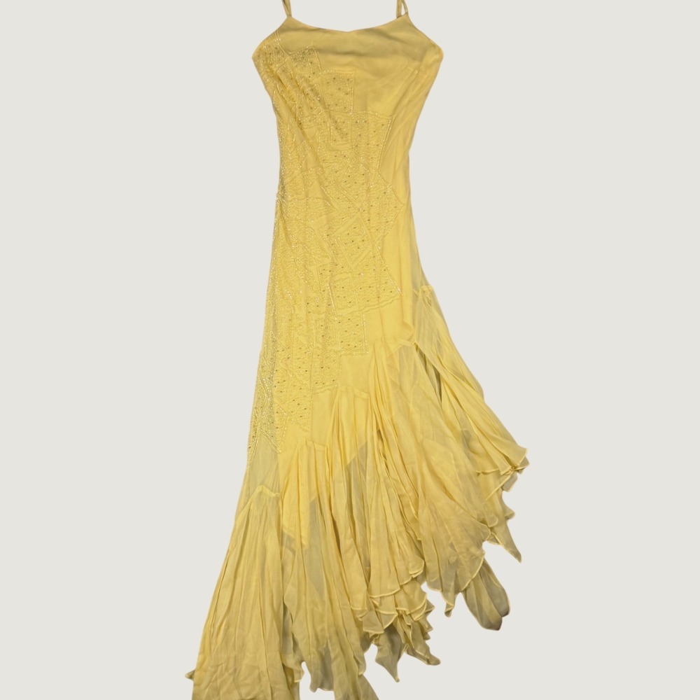 Bicici Evening Gown beaded Size S Yellow Excellent 100% Silk with scarf